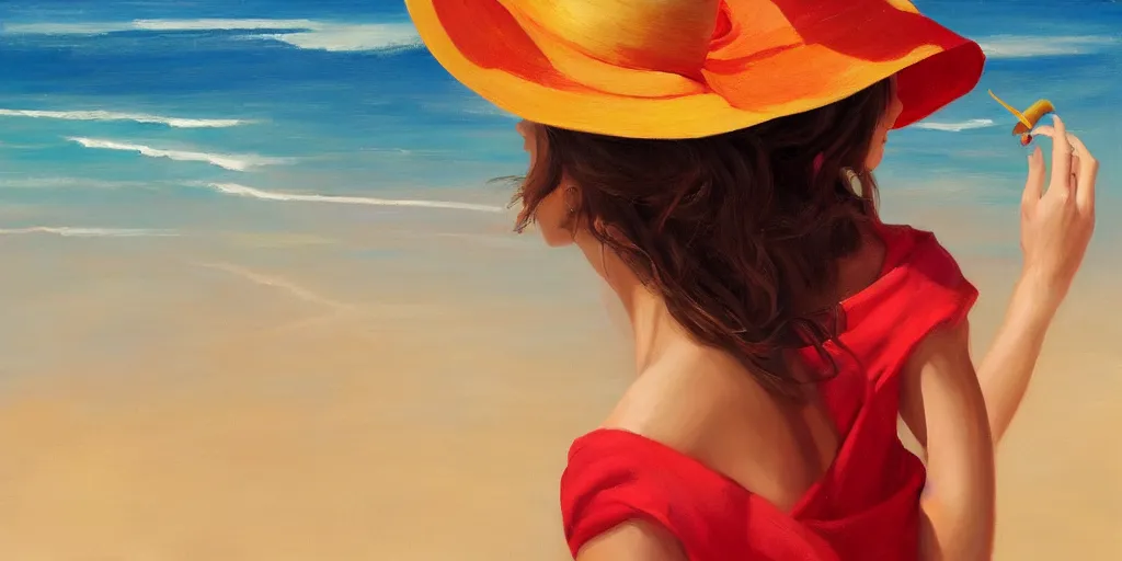 Prompt: beautiful oil matte portrait painting, young woman with a red dress and a mustard yellow summer hat enjoying the beach, wonderful masterpiece highly detailed, beautiful cinematic light deep focus, elegant, digital painting, smooth, sharp focus, golden ratio, dramatic illumination, ultra realistic, 8 k, art by jimmy law