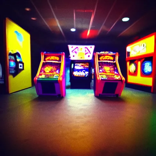 Image similar to beautiful fuzzy phonecamera photograph of an empty 9 0 s arcade