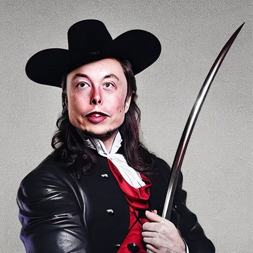 Image similar to photo of elon musk as a musketeer, he has a big black hat with a red feather and he is holding a shiny rapier sword