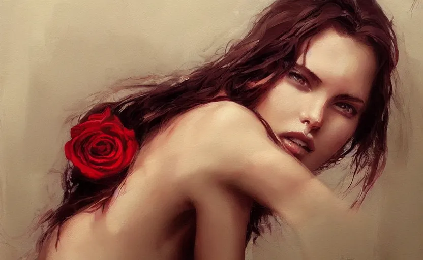 Image similar to a painting of virtualrose trending on artstation in the style of greg rutkowski, beautiful, sensuality, young female, sensual, natural skin, brown hair, red rose in hair