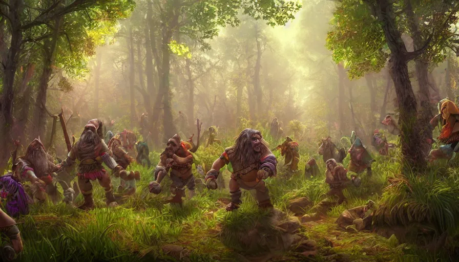 Prompt: Dwarves with baskets walking in a huge colorful forest, hyperdetailed, artstation, cgsociety, 8k