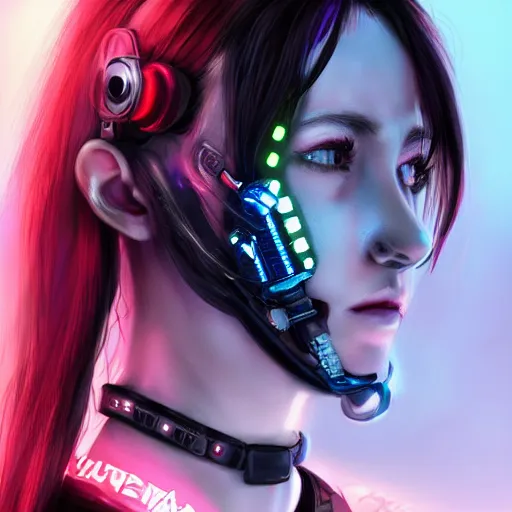 Image similar to detailed realistic female character cyberpunk wearing thick technological collar around neck, realistic, art, beautiful, 4K, collar, choker, collar around neck, punk, artstation, detailed, female, woman, choker, cyberpunk, neon, punk, collar, choker, collar around neck, thick collar, tight around neck, punk,