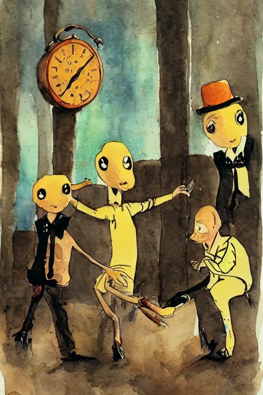 Image similar to a clockwork orange as mongooses, children's book, melancholy, watercolor, illustrated