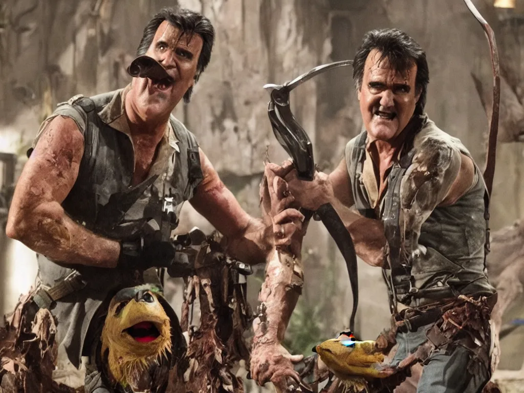 Prompt: Bruce Campbell as Ash in Muppets Evil Dead