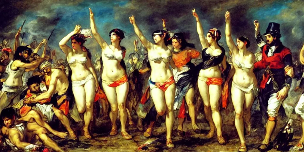 Prompt: eugene delacroix's Liberty Leading The People with rave, music festival and night clubbing characters