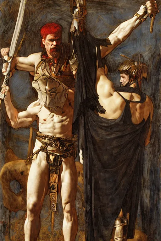 Prompt: henry rollins as a barbarian king of war, god of the wild, silk dress by edgar maxence and caravaggio and michael whelan and delacroix