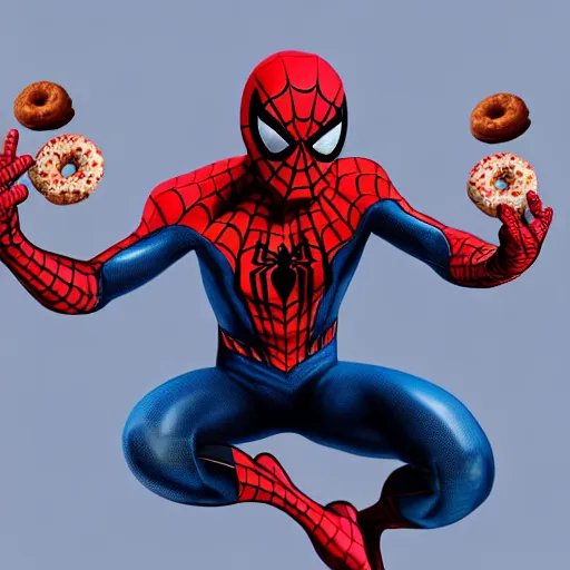 Image similar to spider - man sit on the raccoon and eating donuts, concept art, trending on artstation, highly detailed, intricate, sharp focus, digital art, 8 k