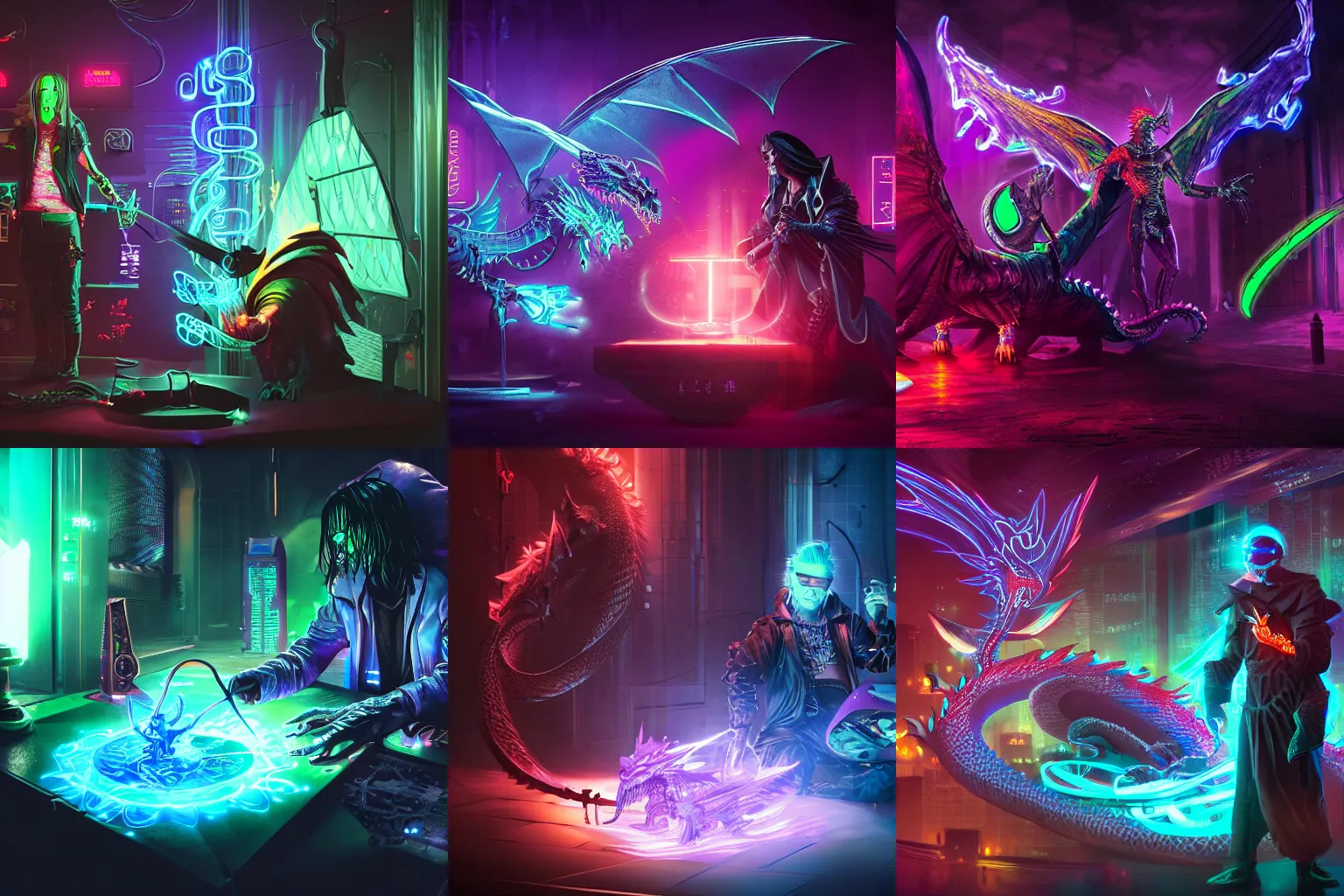 Prompt: cyberpunk wizard summoning a dragon, fine detail, 4 k, neon lighting, surface refelctions