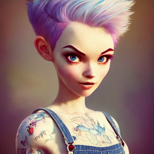 Image similar to full body pose, beautiful adult fairy, pixar, short white hair shaved sides, dirty, grungy, grunge, long sleeve, painted overalls, stacks of giant books, highly detailed, 4 k, hdr, smooth, sharp focus, high resolution, award - winning photo, artgerm, photorealistic