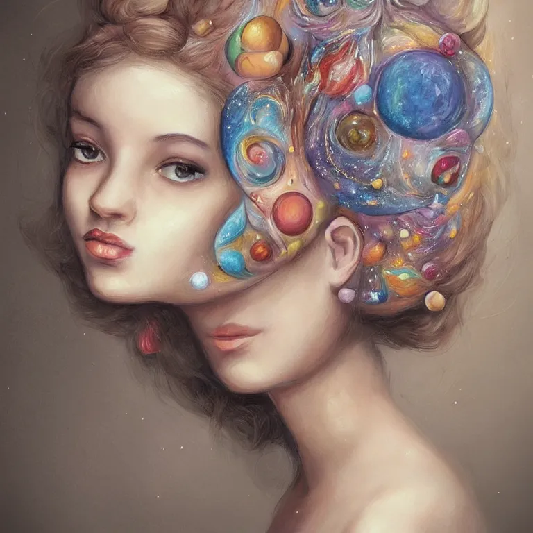 Prompt: a beautiful portrait of a singular girl on whose head a space and cosmic places like ganache, planets like a whipped frosting or filling made with semisweet chocolate and cream, used for cakes, pastries, and candies, highly detailed, fantasy art, art work