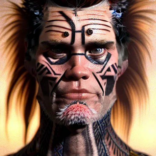 Image similar to portrait painting of jim carrey with a soft expression and short light orange hair and tribal tattoos on his face wearing fur armor, ultra realistic, concept art, intricate details, eerie, highly detailed, photorealistic, octane render, 8 k, unreal engine. art by artgerm and greg rutkowski and charlie bowater and magali villeneuve and alphonse mucha