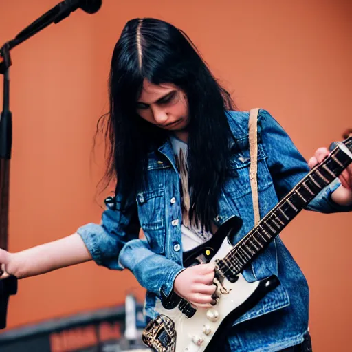 Image similar to 19-year-old girl with long shaggy black hair, wearing denim jacket and bell-bell-bottom jeans, playing electric guitar, stoner metal concert, heavy blues rock, doom metal, 30mm photography