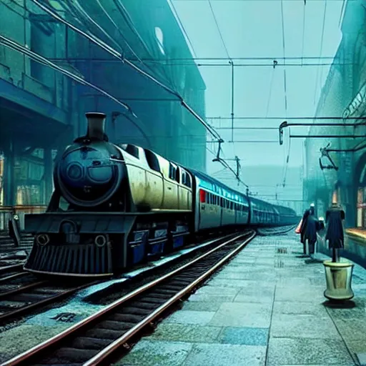 Image similar to :: Train to Hogwarts :: cyberpunk style :: Makoto Shinkai cyberpunk style :: Cinematography by Zack Snyder ::8k resolution :: cinematic shot :: epic :: awe :: masterpiece