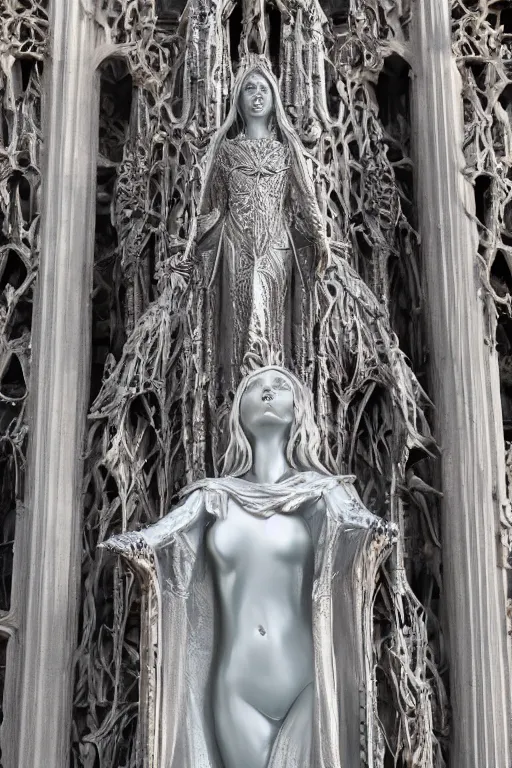 Image similar to a cinematic view of a ornated intricate gothic sacred statue of medieval maiden wizard made in light concrete, with few ornaments in shiny polished chrome, sculpted by hedi xandt and gaudi