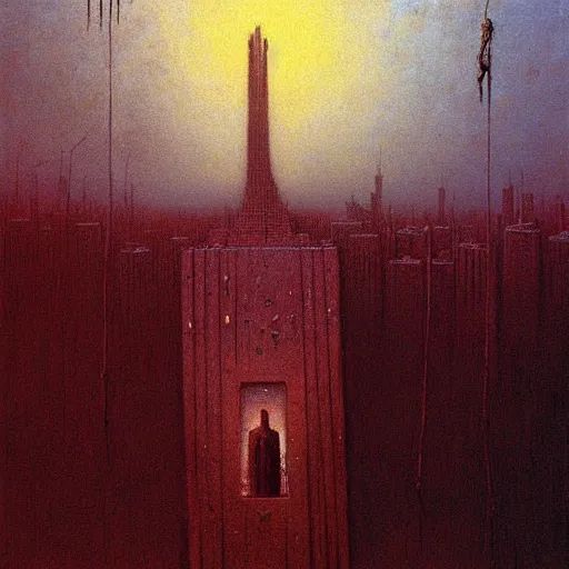 Prompt: a giant rabbi stands over a city painting by beksinski, barlowe colors. masterpiece painting