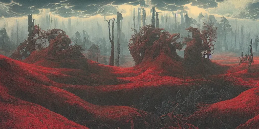 Prompt: taiga landscape, fluid, smooth, bright colours, high contrast, sharpness, beautiful, peaceful, very detailed, intricate, volumetric lighting, by giger and corben and moebius and beksinski and bosch and bacon