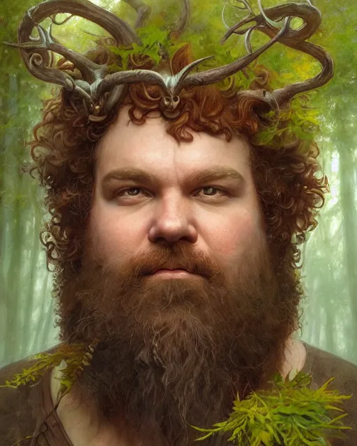 Image similar to patrick rothfuss as forest druid with ram horns and leaves in his beard | highly detailed | very intricate | symmetrical | cinematic lighting | award - winning | closeup portrait | painted by donato giancola and mandy jurgens and charlie bowater | featured on artstation