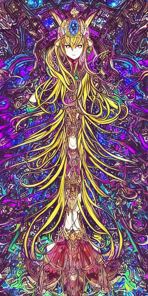 Image similar to a mage from final fantasy 14, intricate, amazing line work, cosmic, psychedelic, cheerful, colorful