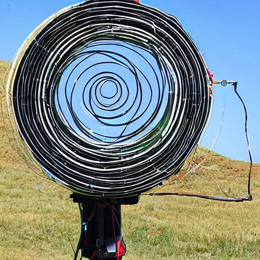 Prompt: complicated diy radio telescope scanner device made of lids and pans and duct tape and wires and lenses and cables and wires and electronics