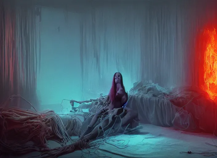 Image similar to rgb, portrait, woman, bedroom full of fire, rage, cinematic, movie scene, inspired by zdzislaw beksinski, clothes made out of veins,, cables everywhere, bedroom, ultra realistic, concept art, intricate details, highly detailed, photorealistic, octane render, 8 k