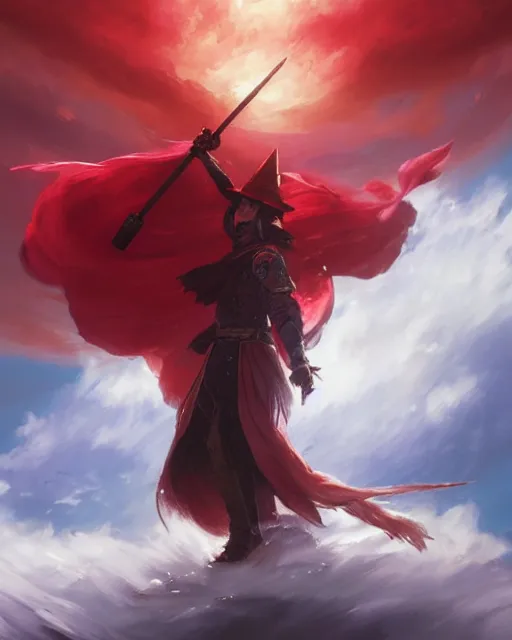 Image similar to A Full View of a Red Mage wearing magical shining armor and a feathered hat surrounded by an epic cloudscape. Magus. Red Wizard. Magimaster. Fantasy Illustration. masterpiece. 4k digital illustration. by Ruan Jia and Mandy Jurgens and Artgerm and greg rutkowski and Alexander Tsaruk and WLOP and Range Murata, award winning, Artstation, art nouveau aesthetic, Alphonse Mucha background, intricate details, realistic, panoramic view, Hyperdetailed, 8k resolution, intricate art nouveau