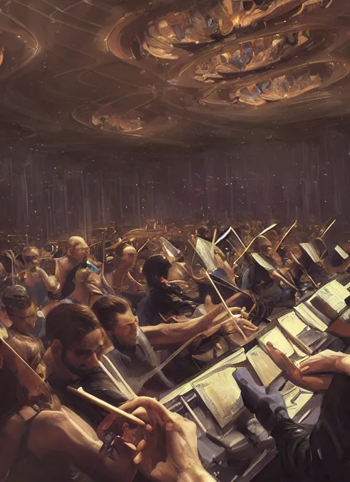 Prompt: Hans Zimmer conducting an orchestra, elegant, digital painting, concept art, smooth, sharp focus, illustration, from StarCraft by Ruan Jia and Mandy Jurgens and Artgerm and William-Adolphe Bouguerea