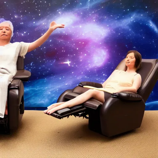 Prompt: community acupuncture recliner chair and person receiving acupuncture, floating in space, galactic background with cosmic rays, chill, dramatic lighting