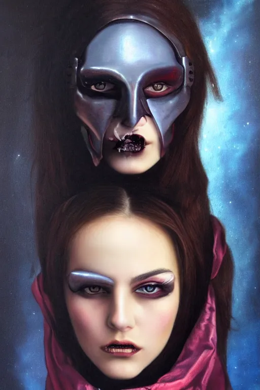 Image similar to hyperrealism oil painting, close - up portrait of european medieval brunette vampire fashion model, knight, steel gradient mixed with nebula sky, in style of baroque