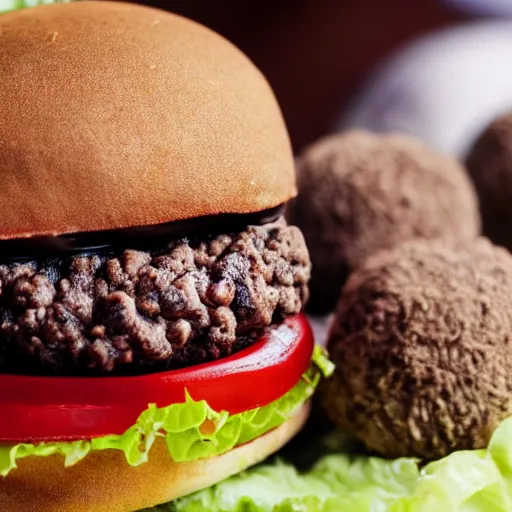 Prompt: closeup photo of most delicious cheeseburger with chocolate truffles inside