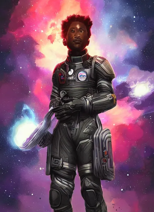 Image similar to space soldier, handsome young black male in front of exploding nebulae, digital illustration trending on artstation by artgerm and rutkowski