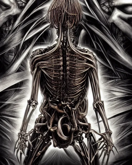 Image similar to light yagami by yoshitaka amano, by hr giger, biomechanical, 4 k, hyper detailed, hyperrealism, anime