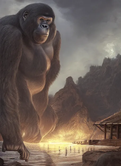 Image similar to wooden palisade wall on a tropical island kit by torches in a Storm night, giant Gorilla sillouhette in the background, intricate Details, raphael lacoste, eddie mendoza, alex ross, concept art, matte painting, highly detailed, rule of thirds, dynamic lighting, cinematic, detailed, denoised, centerd, clean render