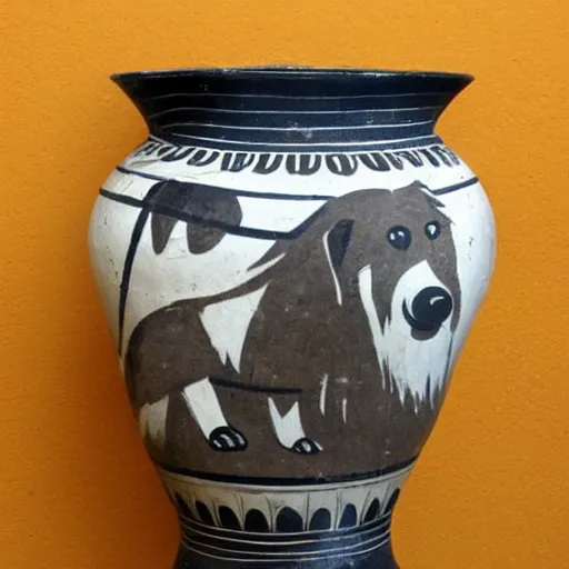 Prompt: Greek amphora depicting a westie