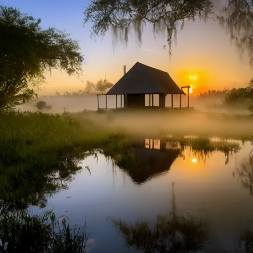 Prompt: a swamp house made of organic plants, sunrise, misty