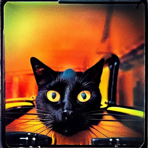 Image similar to black cat in a rollercoaster. the cat is enjoying the ride. sunlight. polaroid photo. saturated colors.