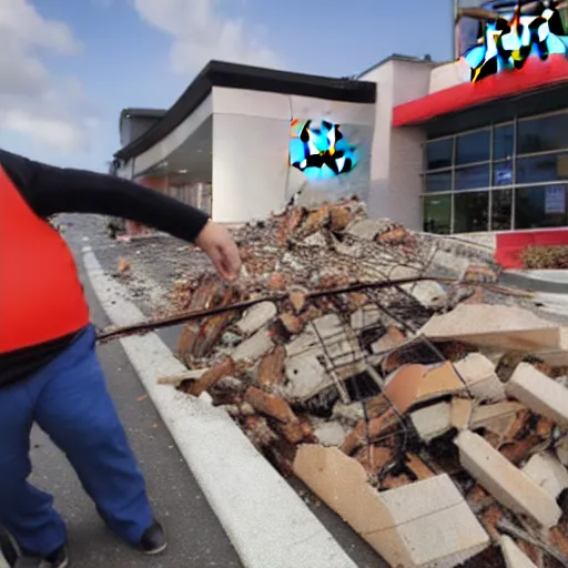 Image similar to huge fat man falls on mcdonalds and destroys the building with his weight