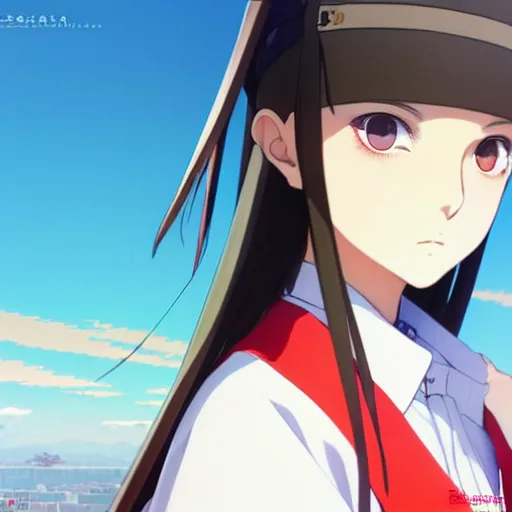 Image similar to a beautiful! boyish! natalie portman model, wearing japanese catholic school girl outfit with mayan pattern and native style, aztec street fashion, guilty gear art direction, perfect anime face, gapmoe yandere grimdark, trending on pixiv fanbox, painted by greg rutkowski makoto shinkai takashi takeuchi studio ghibli, akihiko yoshida