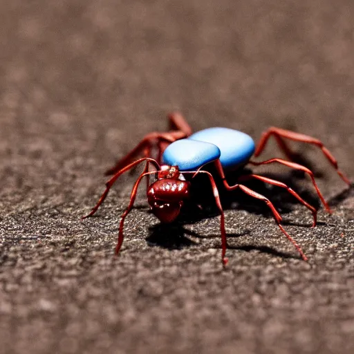 Image similar to a tiny robot ant drone on someone's head. macro photograph from 8 feet in distance.