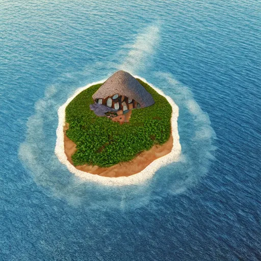 Image similar to a giant monster sitting on a small island in the ocean, aerial view, realistic lighting