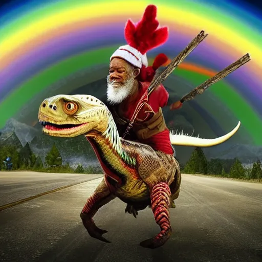Image similar to morgan freeman riding a velociraptor on a rainbow, wielding a candy cane spear, both wearing a viking hat, unreal engine, realistic, detailed