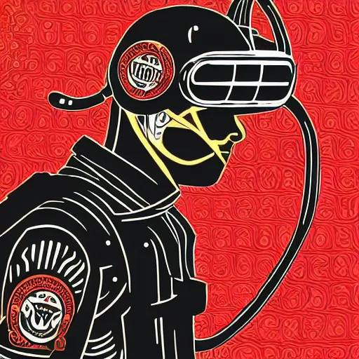 Image similar to Illustrated by Shepard Fairey and H.R. Geiger | Cyberpunk Samurai with VR helmet, surrounded by cables