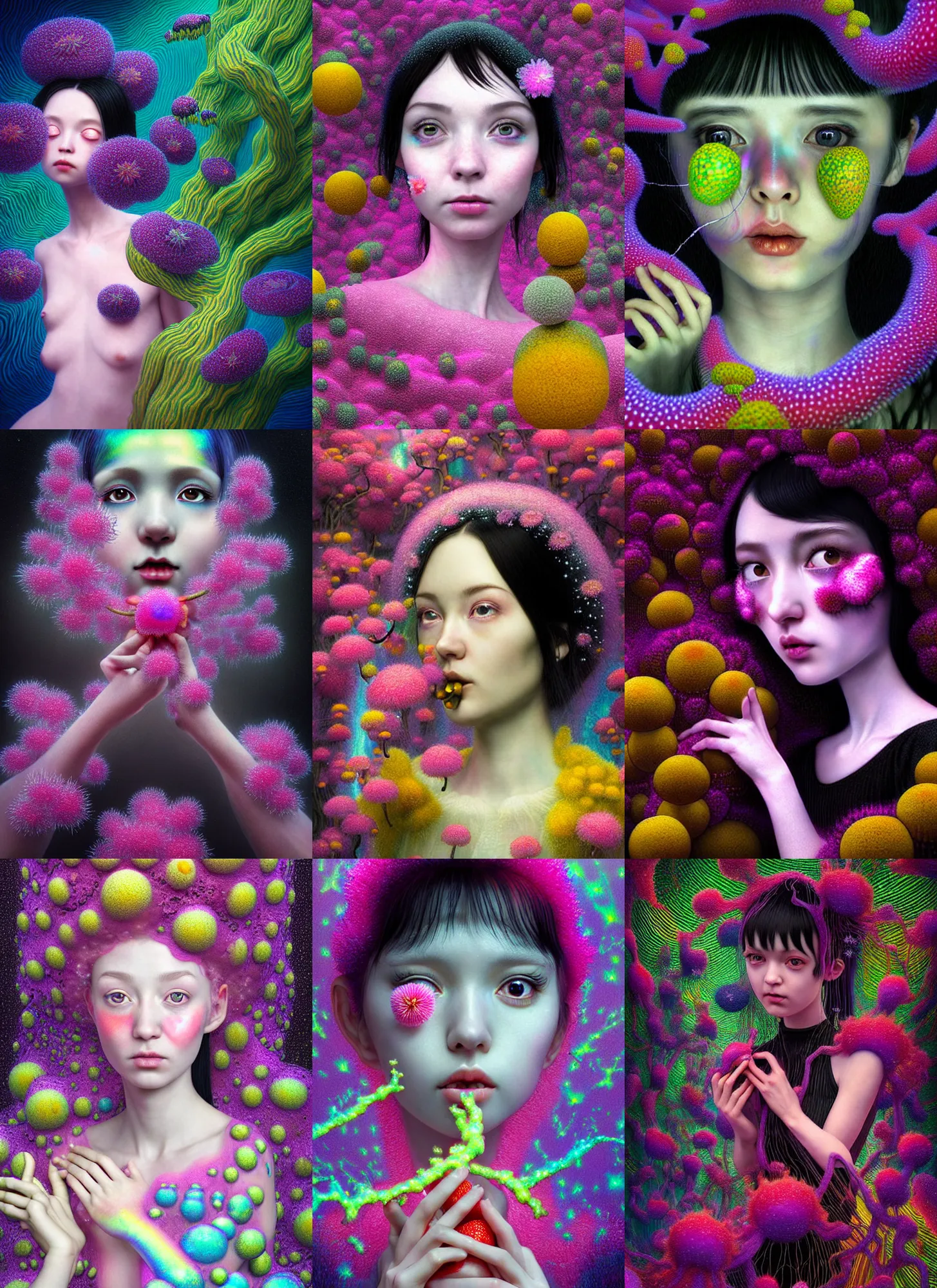 Prompt: hyper detailed 3d render like a Oil painting - kawaii portrait Aurora (black haired Fae) seen Eating of the Strangling network of yellowcake aerochrome and milky Fruit and Her delicate Hands hold of gossamer polyp blossoms bring iridescent fungal flowers whose spores black the foolish stars by Jacek Yerka, Mariusz Lewandowski, Houdini algorithmic generative render, Abstract brush strokes, Masterpiece, Edward Hopper and James Gilleard, Zdzislaw Beksinski, Mark Ryden, Wolfgang Lettl, hints of Yayoi Kasuma, octane render, 8k