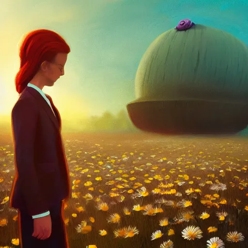 Image similar to giant daisy flower as a head, frontal, a girl in a suit, surreal photography, sunrise, dramatic light, impressionist painting, digital painting, artstation, simon stalenhag