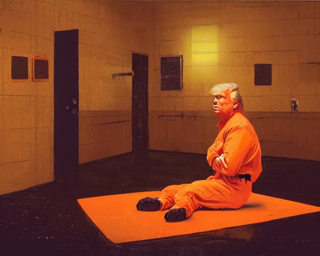 Image similar to a portrait of Donald trump sitting on the floor of a filthy jail cell lit by spotlight, dimly lit, wearing a orange jumpsuit in jail by craig mullins and norman rockwell, octane, 35mm photo,