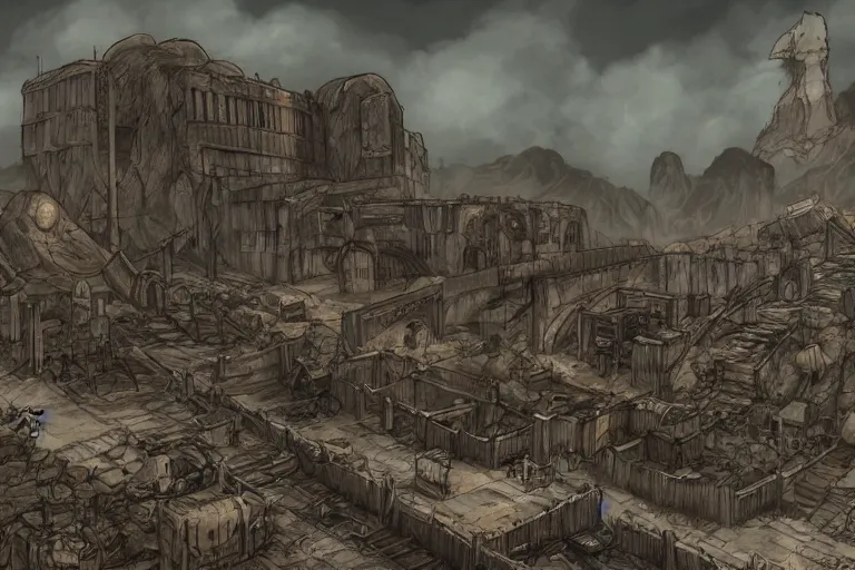 Image similar to Fallout 1 Necropolis concept art, trending on artstation, pixiv