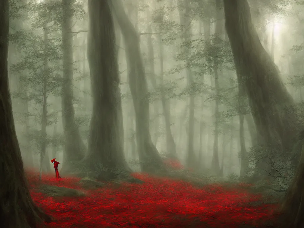 Prompt: serene green oak and beech forest, mysterious female beauty wearing a red cap slowly rides through the forest, rays of life, cinematic, fantasy art, moody evening light, foggy, trending on artstation, by esao andrews, by naoto hatori, by tyler jacobson