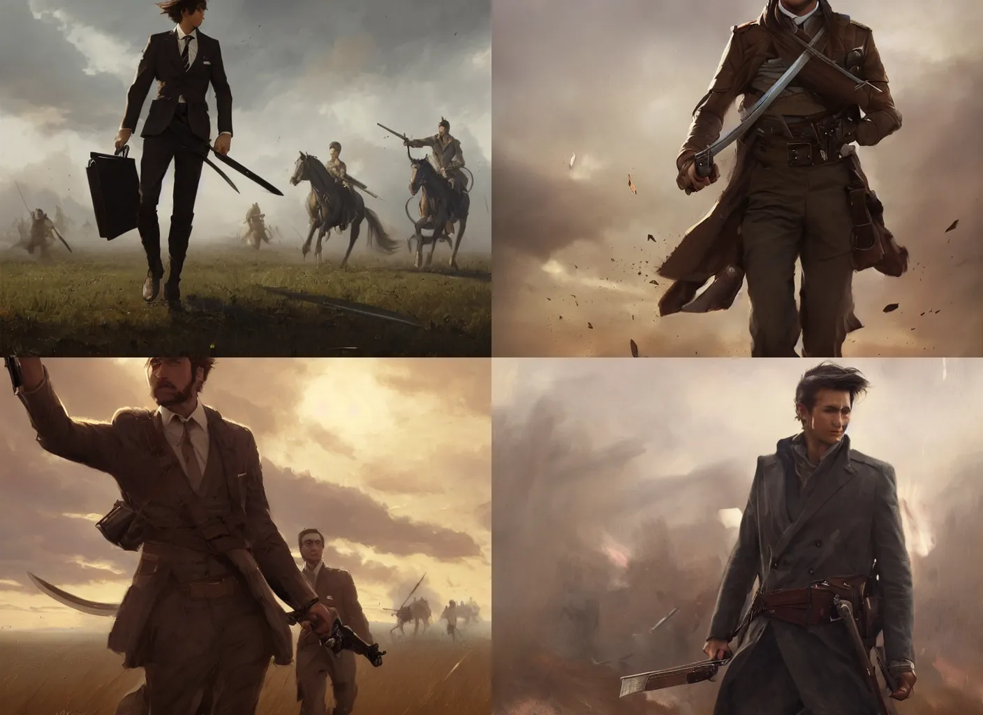 Prompt: cinematic artwork of man in his twenties with brown hair wearing a business suit on a battlefield holding a briefcase in one hand a sword in the other, standing defiantly before a cavalry charge by Greg Rutkowski, 4k, masterpiece