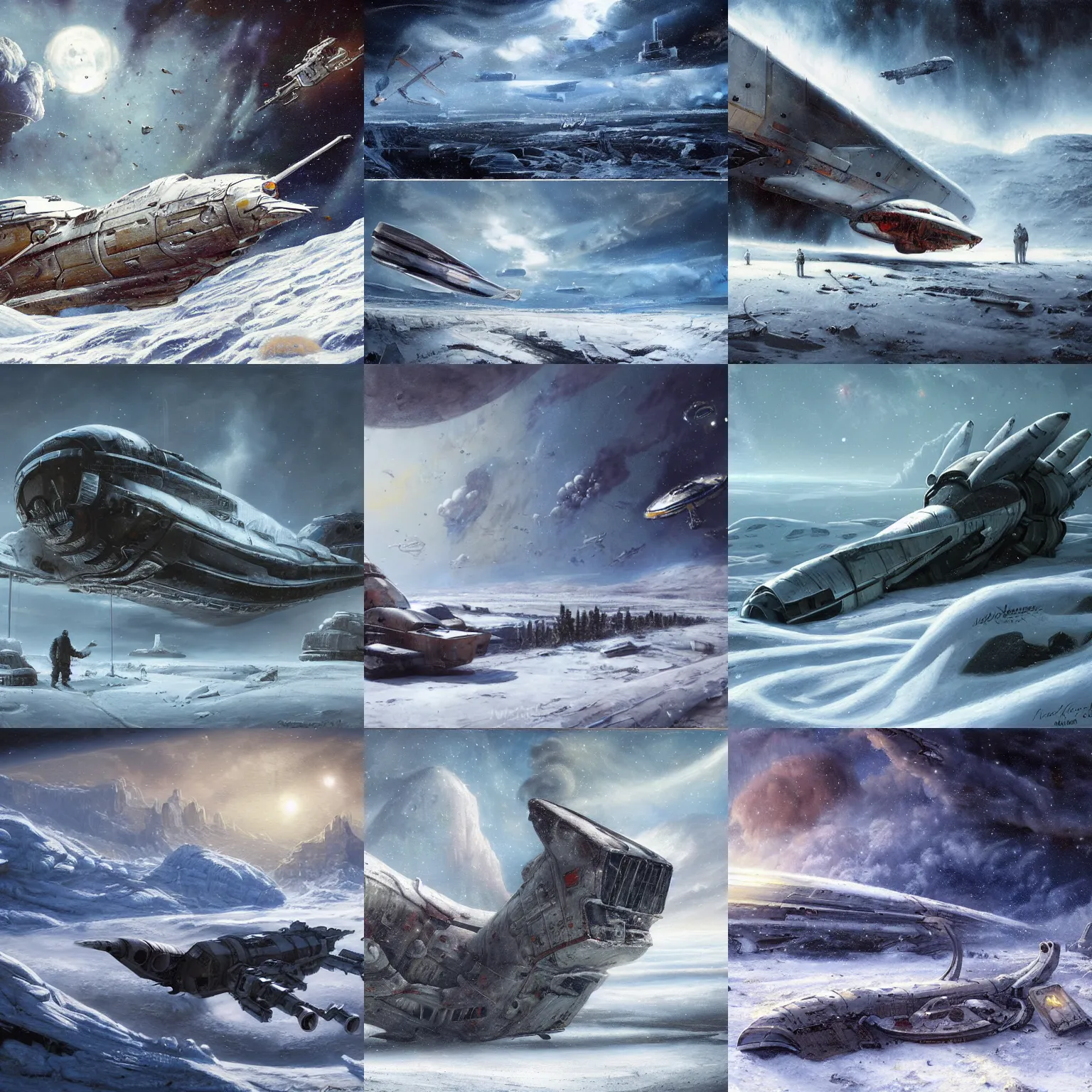 Prompt: a painting of a crashed spaceship in a snowy landscape, a detailed matte painting by peter madsen, featured on deviantart, space art, matte painting, matte drawing, reimagined by industrial light and magic