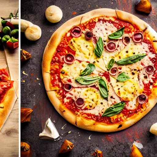 Image similar to food photography of a big pizza made of small pizza