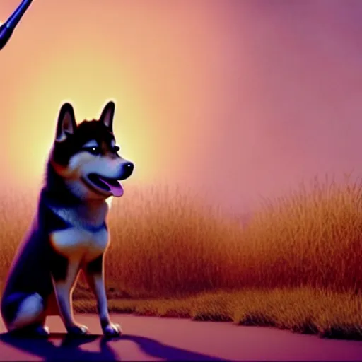 Image similar to weta disney pixar movie still photo of funny shiba inu with baseball bat : : dog by pixar : : giant sign that says bonk : : by weta, greg rutkowski, wlop, ilya kuvshinov, rossdraws, artgerm, octane render, iridescent, bright morning, anime, liosh, mucha : :